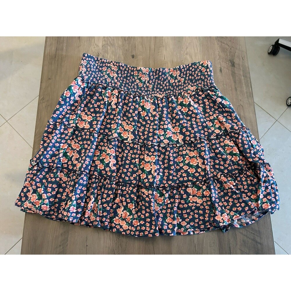 American Eagle Womens Skirt Blue Pink Floral Tiered Smocked Waist Size XL